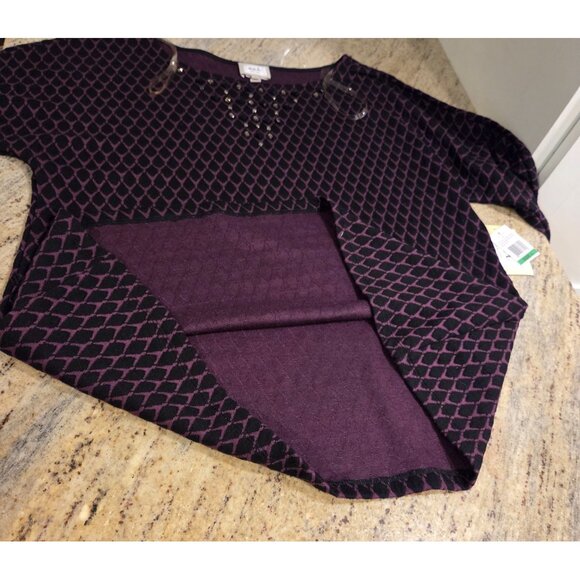 New! ECI Size L Sweater Black Purple Embellished Neck Rhinestone Geometric - Picture 8 of 16
